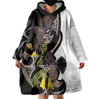 New Zealand Valentines Day Wearable Blanket Hoodie Piwakawaka Lovers Maori Koru Tattoo - Polynesian Pride