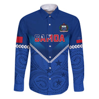 Custom Samoa Rugby Family Matching Puletasi Dress and Hawaiian Shirt 2023 Go Manu Samoa LT14 Dad's Shirt - Long Sleeve Blue - Polynesian Pride