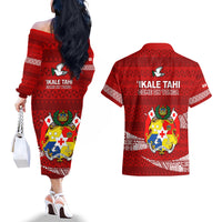 Tonga Rugby Couples Matching Off The Shoulder Long Sleeve Dress and Hawaiian Shirt 2023 Ikale Tahi Tongan Ngatu Pattern LT14 - Polynesian Pride