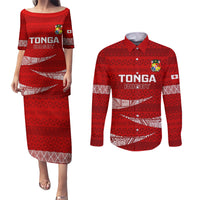 Tonga Rugby Couples Matching Puletasi Dress and Long Sleeve Button Shirts 2023 Ikale Tahi Tongan Ngatu Pattern LT14 Red - Polynesian Pride