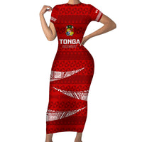 Custom Tonga Rugby Short Sleeve Bodycon Dress 2023 Ikale Tahi Tongan Ngatu Pattern LT14 Long Dress Red - Polynesian Pride