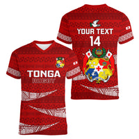 Custom Tonga Rugby Women V Neck T Shirt 2023 Ikale Tahi Tongan Ngatu Pattern LT14 - Polynesian Pride