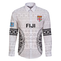 Fiji Rugby Family Matching Off Shoulder Long Sleeve Dress and Hawaiian Shirt 2023 Go Champions World Cup Fijian Tapa Pattern LT14 Dad's Shirt - Long Sleeve White - Polynesian Pride