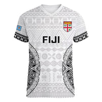 Fiji Rugby Women V Neck T Shirt 2023 Go Champions World Cup Fijian Tapa Pattern LT14 Female White - Polynesian Pride