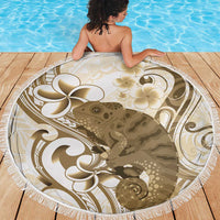 Brown And White Hawaii Chameleon Beach Blanket Plumeria Polynesian Tribal Art