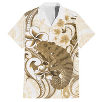 Brown And White Hawaii Chameleon Family Matching Off Shoulder Short Dress and Hawaiian Shirt Plumeria Polynesian Tribal Art