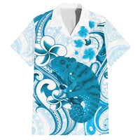 Cyan And White Hawaii Chameleon Family Matching Long Sleeve Bodycon Dress and Hawaiian Shirt Plumeria Polynesian Tribal Art