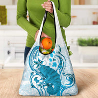 Cyan And White Hawaii Chameleon Grocery Bag Plumeria Polynesian Tribal Art