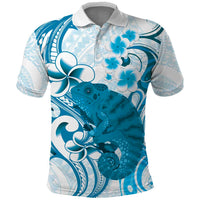 Cyan And White Hawaii Chameleon Polo Shirt Plumeria Polynesian Tribal Art LT14 Cyan - Polynesian Pride