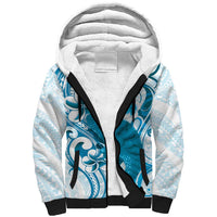 Cyan And White Hawaii Chameleon Sherpa Hoodie Plumeria Polynesian Tribal Art