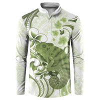 Green And White Hawaii Chameleon Button Sweatshirt Plumeria Polynesian Tribal Art LT14 Lime Green - Polynesian Pride