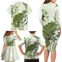 Green And White Hawaii Chameleon Family Matching Long Sleeve Bodycon Dress and Hawaiian Shirt Plumeria Polynesian Tribal Art