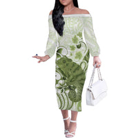 Green And White Hawaii Chameleon Family Matching Off The Shoulder Long Sleeve Dress and Hawaiian Shirt Plumeria Polynesian Tribal Art