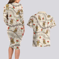 Beige Palaka Hawaii Mele Kalikimaka Couples Matching Long Sleeve Bodycon Dress and Hawaiian Shirt Ohia Lehua Shell Leis Funny Gingerbread Santa - Polynesian Pride