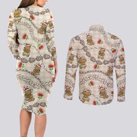 Beige Palaka Hawaii Mele Kalikimaka Couples Matching Long Sleeve Bodycon Dress and Long Sleeve Button Shirt Ohia Lehua Shell Leis Funny Gingerbread Santa - Polynesian Pride