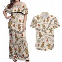 Beige Palaka Hawaii Mele Kalikimaka Couples Matching Off Shoulder Maxi Dress and Hawaiian Shirt Ohia Lehua Shell Leis Funny Gingerbread Santa - Polynesian Pride