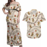 Beige Palaka Hawaii Mele Kalikimaka Couples Matching Off Shoulder Maxi Dress and Hawaiian Shirt Ohia Lehua Shell Leis Funny Gingerbread Santa - Polynesian Pride