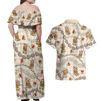 Beige Palaka Hawaii Mele Kalikimaka Couples Matching Off Shoulder Maxi Dress and Hawaiian Shirt Ohia Lehua Shell Leis Funny Gingerbread Santa - Polynesian Pride