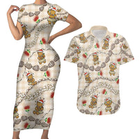 Beige Palaka Hawaii Mele Kalikimaka Couples Matching Short Sleeve Bodycon Dress and Hawaiian Shirt Ohia Lehua Shell Leis Funny Gingerbread Santa - Polynesian Pride