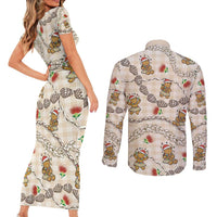 Beige Palaka Hawaii Mele Kalikimaka Couples Matching Short Sleeve Bodycon Dress and Long Sleeve Button Shirt Ohia Lehua Shell Leis Funny Gingerbread Santa - Polynesian Pride