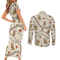Beige Palaka Hawaii Mele Kalikimaka Couples Matching Short Sleeve Bodycon Dress and Long Sleeve Button Shirt Ohia Lehua Shell Leis Funny Gingerbread Santa - Polynesian Pride