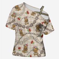 Beige Palaka Hawaii Mele Kalikimaka Cross Shoulder Shirt Ohia Lehua Shell Leis Funny Gingerbread Santa - Polynesian Pride