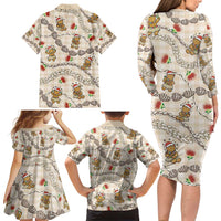 Beige Palaka Hawaii Mele Kalikimaka Family Matching Long Sleeve Bodycon Dress and Hawaiian Shirt Ohia Lehua Shell Leis Funny Gingerbread Santa - Polynesian Pride