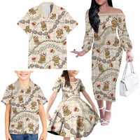 Beige Palaka Hawaii Mele Kalikimaka Family Matching Off The Shoulder Long Sleeve Dress and Hawaiian Shirt Ohia Lehua Shell Leis Funny Gingerbread Santa - Polynesian Pride