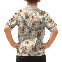 Beige Palaka Hawaii Mele Kalikimaka Family Matching Off Shoulder Short Dress and Hawaiian Shirt Ohia Lehua Shell Leis Funny Gingerbread Santa - Polynesian Pride