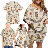 Beige Palaka Hawaii Mele Kalikimaka Family Matching Off Shoulder Short Dress and Hawaiian Shirt Ohia Lehua Shell Leis Funny Gingerbread Santa - Polynesian Pride