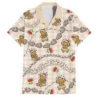 Beige Palaka Hawaii Mele Kalikimaka Family Matching Off Shoulder Short Dress and Hawaiian Shirt Ohia Lehua Shell Leis Funny Gingerbread Santa - Polynesian Pride
