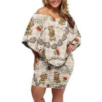 Beige Palaka Hawaii Mele Kalikimaka Family Matching Off Shoulder Short Dress and Hawaiian Shirt Ohia Lehua Shell Leis Funny Gingerbread Santa - Polynesian Pride