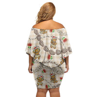 Beige Palaka Hawaii Mele Kalikimaka Family Matching Off Shoulder Short Dress and Hawaiian Shirt Ohia Lehua Shell Leis Funny Gingerbread Santa - Polynesian Pride