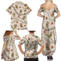 Beige Palaka Hawaii Mele Kalikimaka Family Matching Summer Maxi Dress and Hawaiian Shirt Ohia Lehua Shell Leis Funny Gingerbread Santa - Polynesian Pride