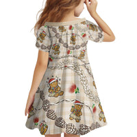 Beige Palaka Hawaii Mele Kalikimaka Kid Short Sleeve Dress Ohia Lehua Shell Leis Funny Gingerbread Santa LT14 - Polynesian Pride