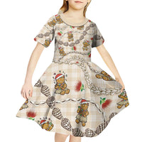 Beige Palaka Hawaii Mele Kalikimaka Kid Short Sleeve Dress Ohia Lehua Shell Leis Funny Gingerbread Santa LT14 - Polynesian Pride