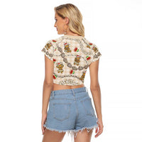 Beige Palaka Hawaii Mele Kalikimaka Raglan Cropped T Shirt Ohia Lehua Shell Leis Funny Gingerbread Santa LT14 - Polynesian Pride