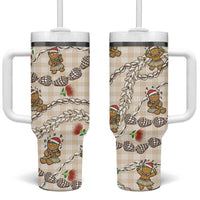 Beige Palaka Hawaii Mele Kalikimaka Tumbler With Handle Ohia Lehua Shell Leis Funny Gingerbread Santa - Polynesian Pride