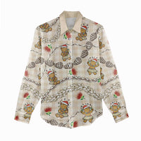 Beige Palaka Hawaii Mele Kalikimaka Women Casual Shirt Ohia Lehua Shell Leis Funny Gingerbread Santa - Polynesian Pride
