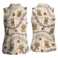 Beige Palaka Hawaii Mele Kalikimaka Women Sleeveless Polo Shirt Ohia Lehua Shell Leis Funny Gingerbread Santa - Polynesian Pride