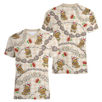 Beige Palaka Hawaii Mele Kalikimaka Women V-Neck T-Shirt Ohia Lehua Shell Leis Funny Gingerbread Santa - Polynesian Pride