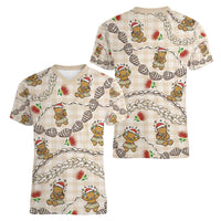 Beige Palaka Hawaii Mele Kalikimaka Women V-Neck T-Shirt Ohia Lehua Shell Leis Funny Gingerbread Santa - Polynesian Pride