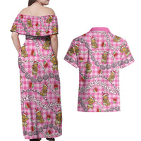 Pink Palaka Hawaii Mele Kalikimaka Couples Matching Off Shoulder Maxi Dress and Hawaiian Shirt Ohia Lehua Shell Leis Funny Gingerbread Santa - Polynesian Pride