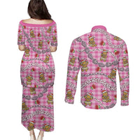 Pink Palaka Hawaii Mele Kalikimaka Couples Matching Puletasi and Long Sleeve Button Shirt Ohia Lehua Shell Leis Funny Gingerbread Santa - Polynesian Pride