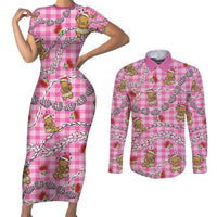 Pink Palaka Hawaii Mele Kalikimaka Couples Matching Short Sleeve Bodycon Dress and Long Sleeve Button Shirt Ohia Lehua Shell Leis Funny Gingerbread Santa LT14 Pink - Polynesian Pride