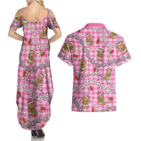 Pink Palaka Hawaii Mele Kalikimaka Couples Matching Summer Maxi Dress and Hawaiian Shirt Ohia Lehua Shell Leis Funny Gingerbread Santa - Polynesian Pride