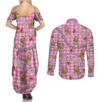 Pink Palaka Hawaii Mele Kalikimaka Couples Matching Summer Maxi Dress and Long Sleeve Button Shirt Ohia Lehua Shell Leis Funny Gingerbread Santa - Polynesian Pride