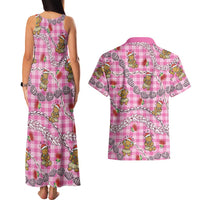 Pink Palaka Hawaii Mele Kalikimaka Couples Matching Tank Maxi Dress and Hawaiian Shirt Ohia Lehua Shell Leis Funny Gingerbread Santa - Polynesian Pride