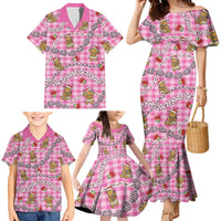 Pink Palaka Hawaii Mele Kalikimaka Family Matching Mermaid Dress and Hawaiian Shirt Ohia Lehua Shell Leis Funny Gingerbread Santa - Polynesian Pride