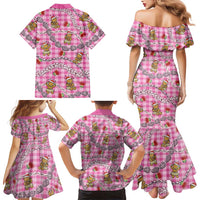 Pink Palaka Hawaii Mele Kalikimaka Family Matching Mermaid Dress and Hawaiian Shirt Ohia Lehua Shell Leis Funny Gingerbread Santa - Polynesian Pride